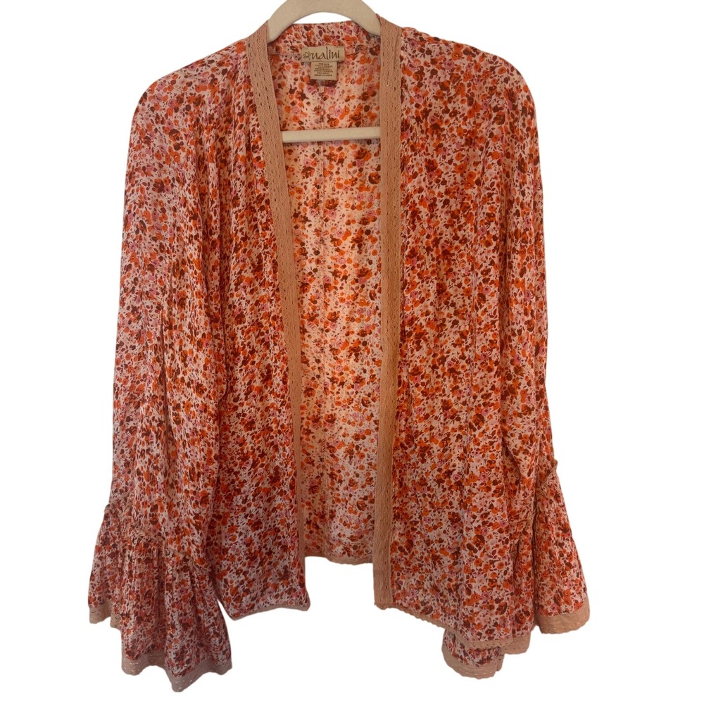 Nalini Kimono Cardigan Floral Bell Sleeve One Size Orange Womens Boho Shimmer